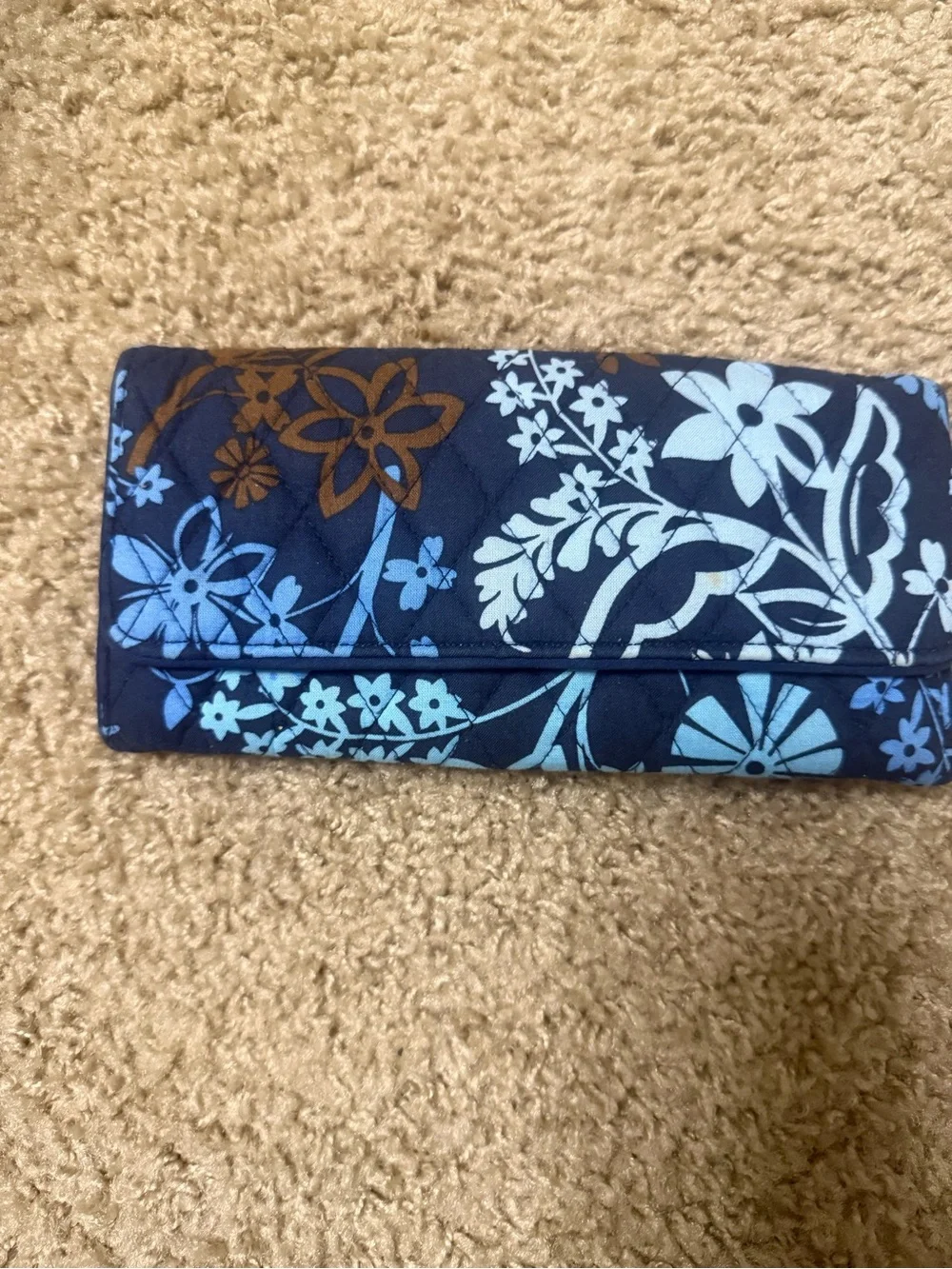 Vera Bradley Navy Quilted Floral Card Holder with Light Blue and Brown Accents